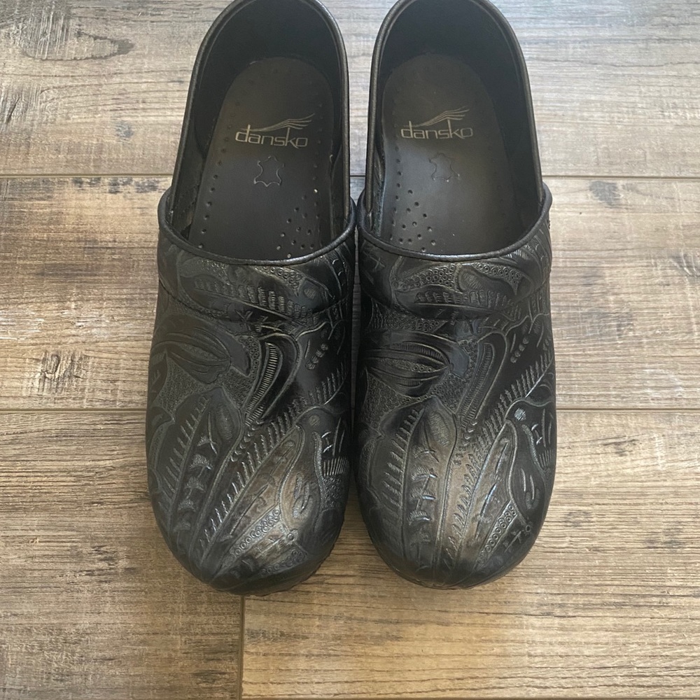 Dansko Black Paisley pattern leather clog